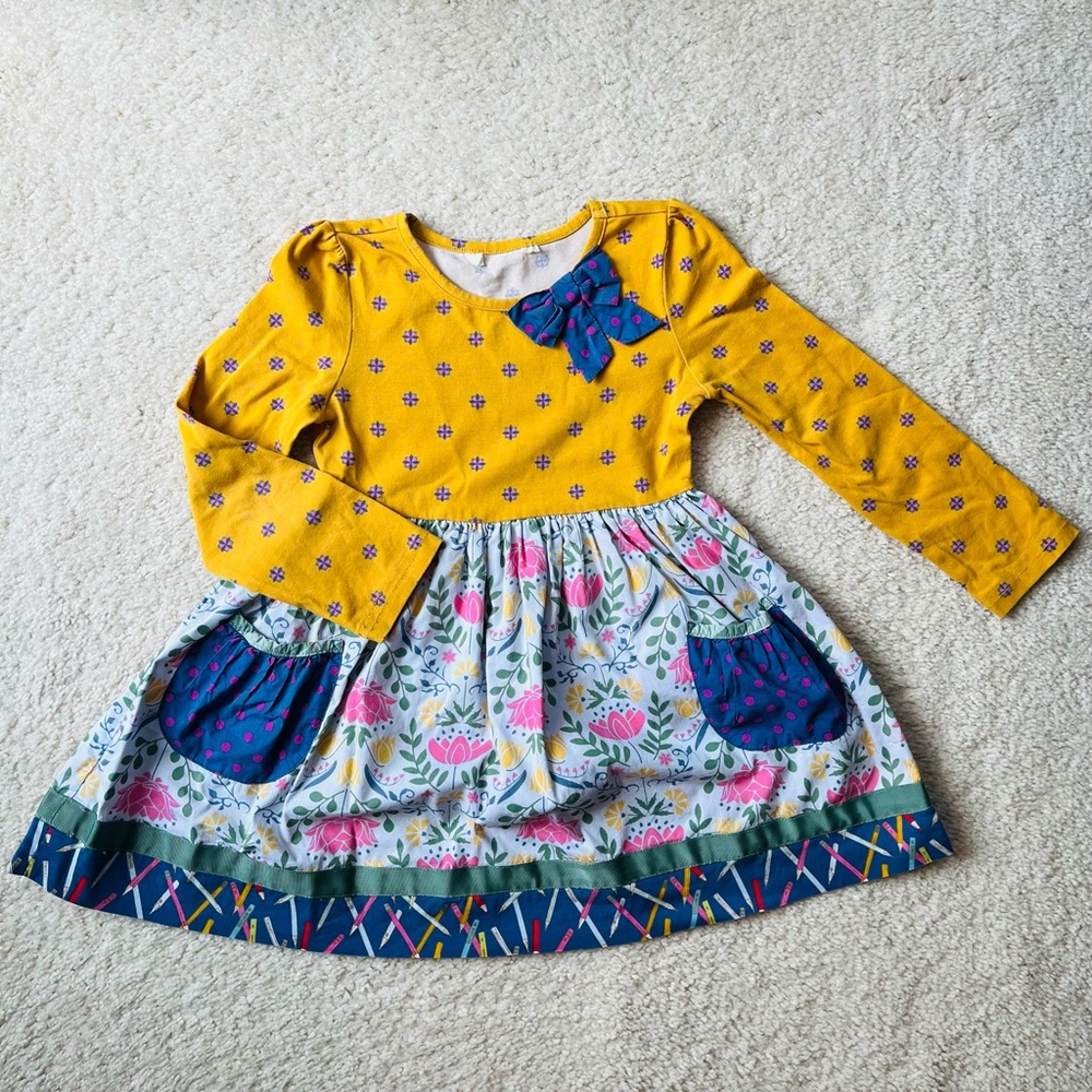 Matilda Jane long sleeved Yellow, blue & Pink Floral Dress with pockets & bow